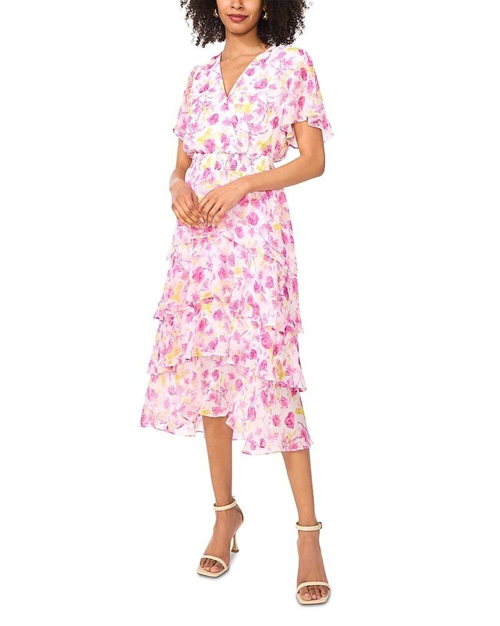 Vince Camuto Women's Smocked Waist V-Neck Tiered Midi Dress Violet Size L 2373